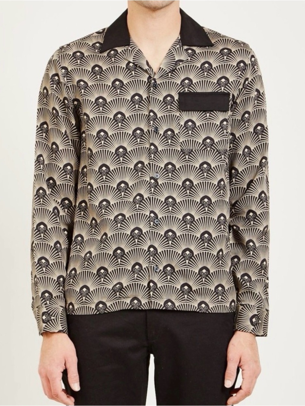 Saturdays New York City Beige & Black Fan-Pattern Button-Down Shirt